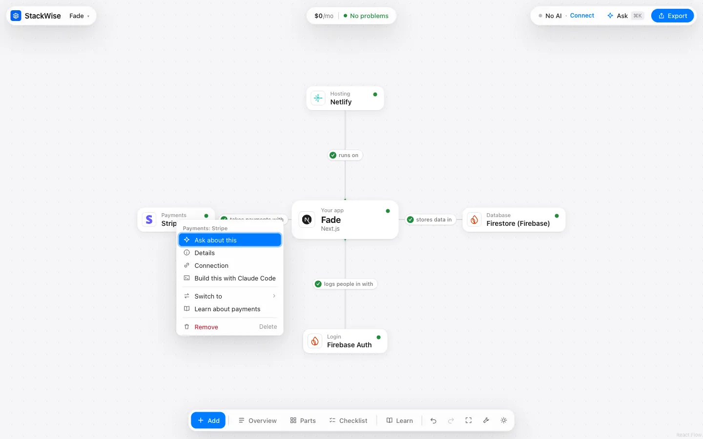 Right-clicking the Stripe card on the canvas: Ask about this, Details, Connection, Build this with Claude Code, Switch to, Learn about payments, Remove