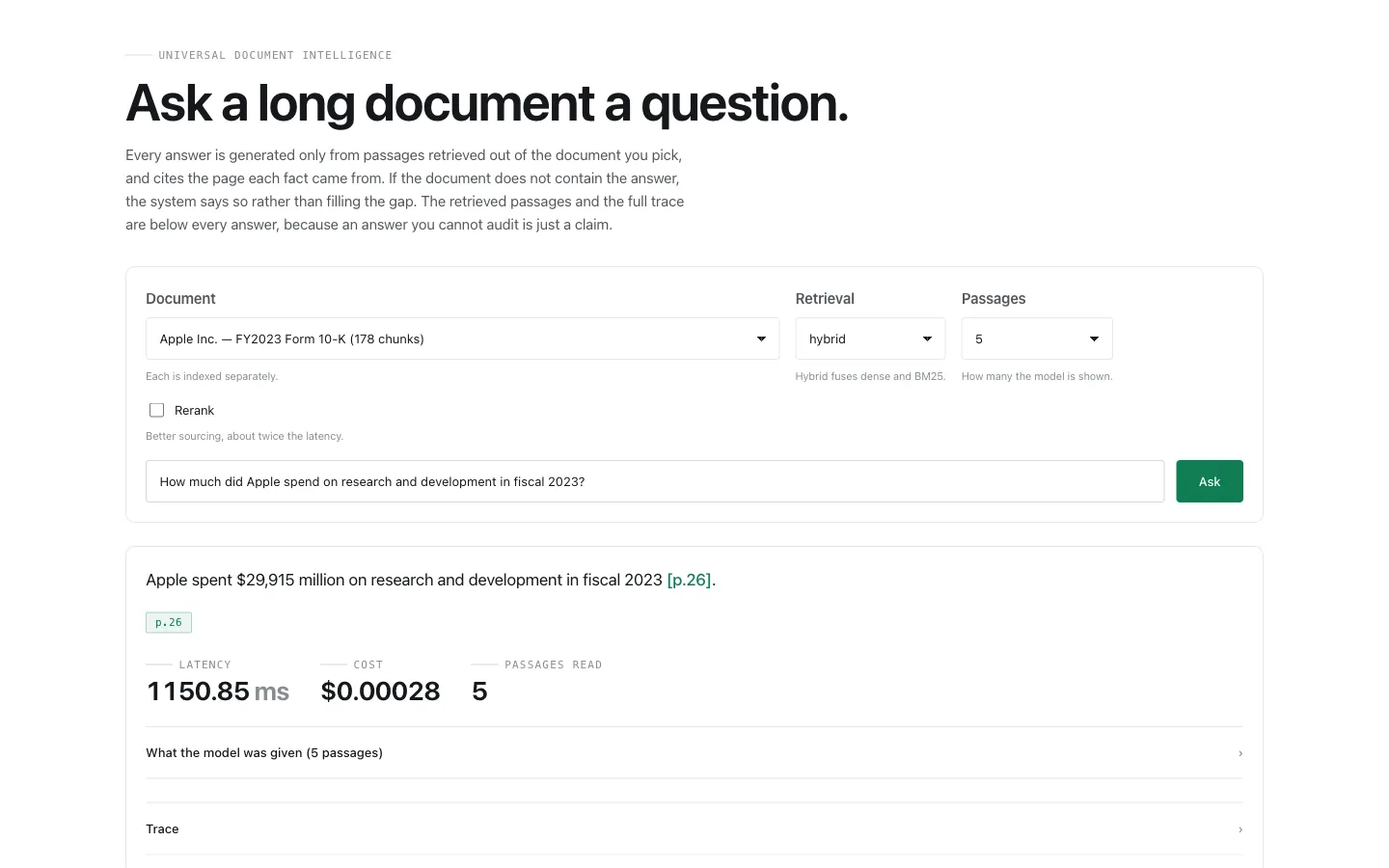The query tool with Apple's FY2023 10-K selected, answering a question about research and development spending with the figure and the page it came from, above the latency, cost, and passage count for that query