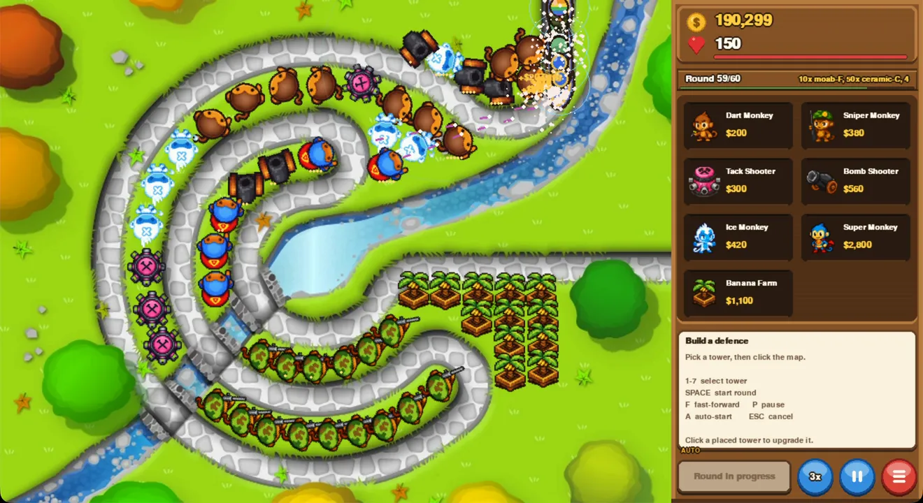 Balloon TD on the Park Path map, round 59 of 60, towers lining the spiral route