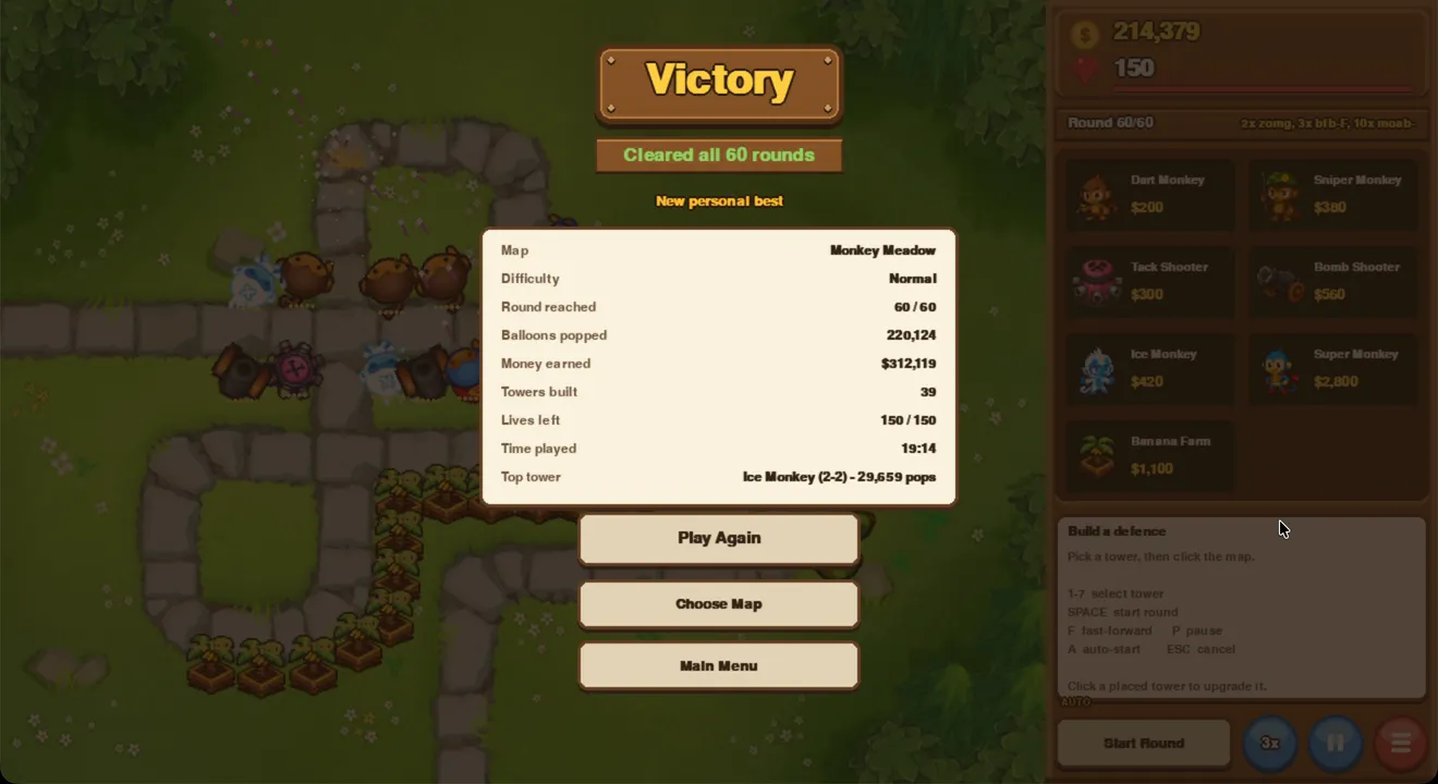 The Monkey Meadow clear screen: 60 of 60 rounds, 220,124 balloons popped, no lives lost