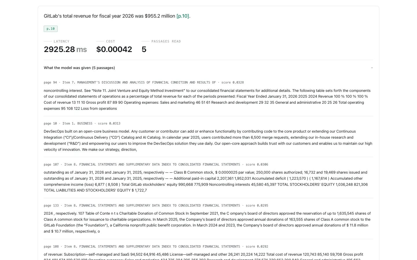 The tool answering GitLab's total revenue for fiscal 2026 as 955.2 million dollars citing page 10, with the five retrieved passages listed below it, each labelled with its page number and the Item section of the filing it came from