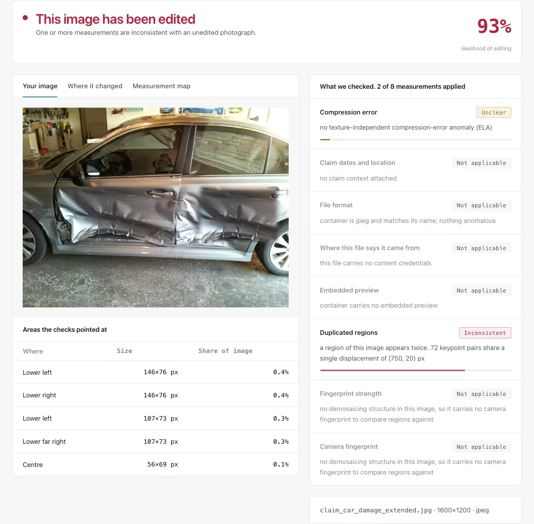 The results panel. A 93 percent verdict, the image with a table naming where each flagged area sits, and all eight measurements listed with six marked not applicable