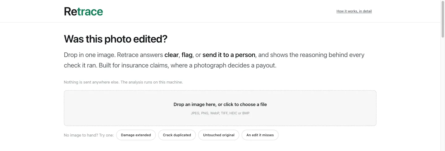 The Retrace tool. A drop zone, four sample images, and nothing else above the fold