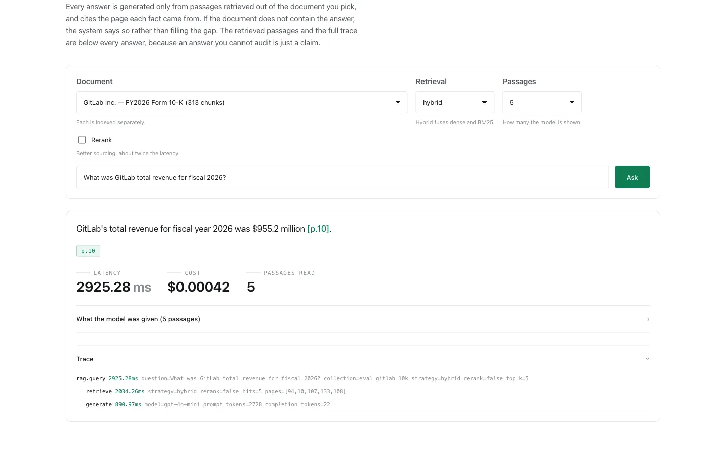 The query tool with the trace panel open, showing the top level query span at 2925 milliseconds containing a retrieve span of 2034 milliseconds that lists the five pages it fetched, and a generate span of 891 milliseconds with its prompt and completion token counts